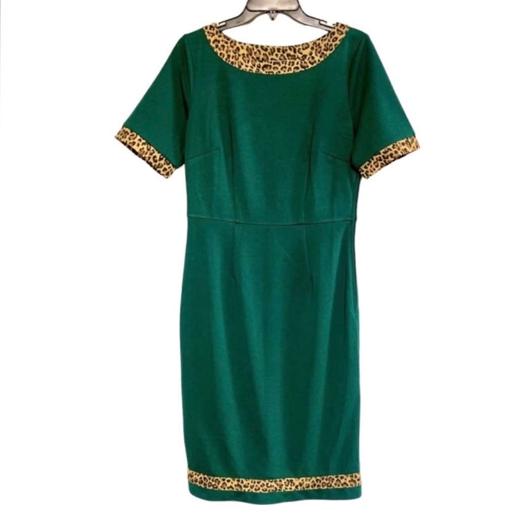 Green Midi Dress with Leopard Trim